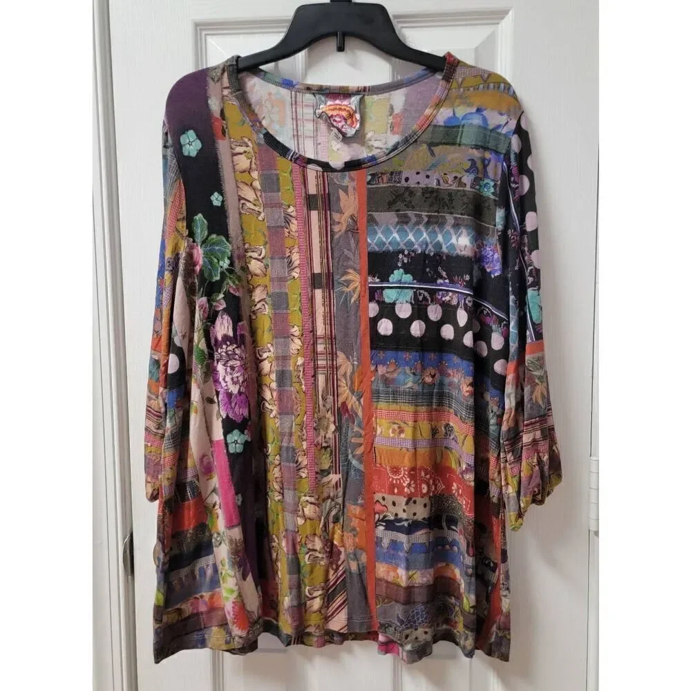 Johnny Was Patchwork Puff-Sleeve Top 1X